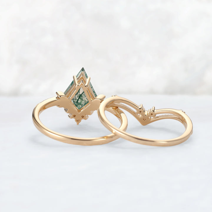 Unique kite Cut Moss Agate Moon Gemstone Ring Set 2pcs