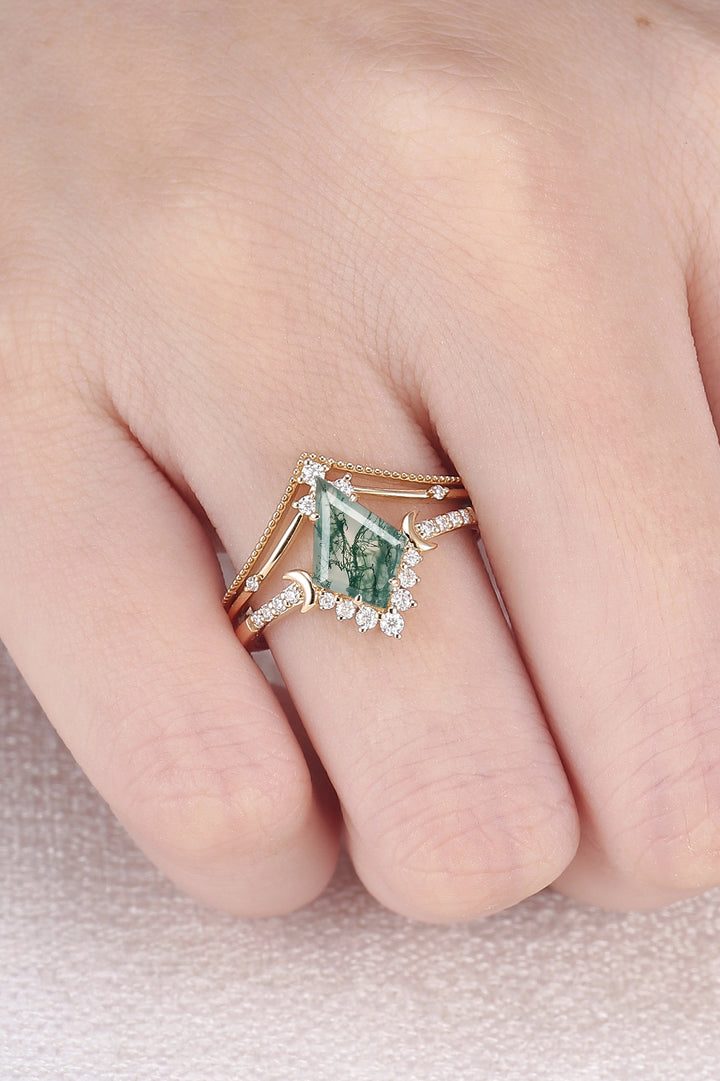 Unique kite Cut Moss Agate Moon Gemstone Ring Set 2pcs