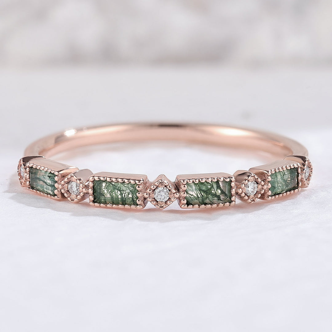 Vintage Baguette Cut Moss Agate Milgrain Pave Band Bridal Ring
