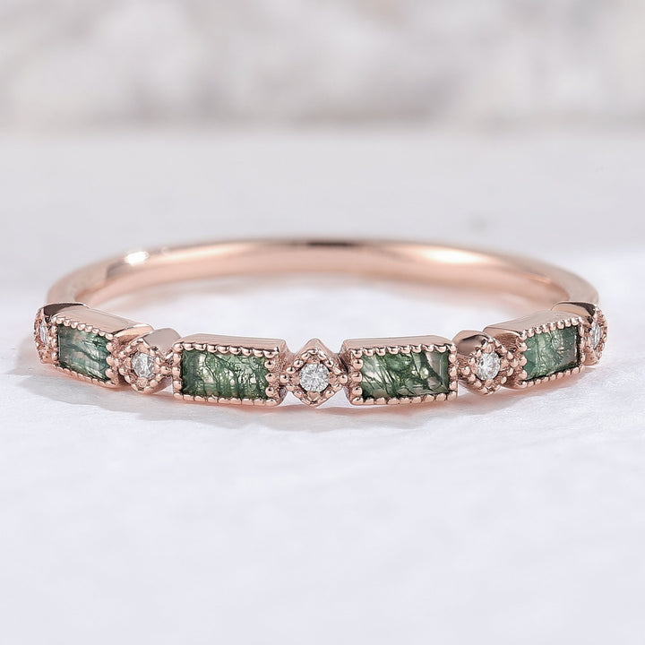 Vintage Baguette Cut Moss Agate Milgrain Pave Band Bridal Ring