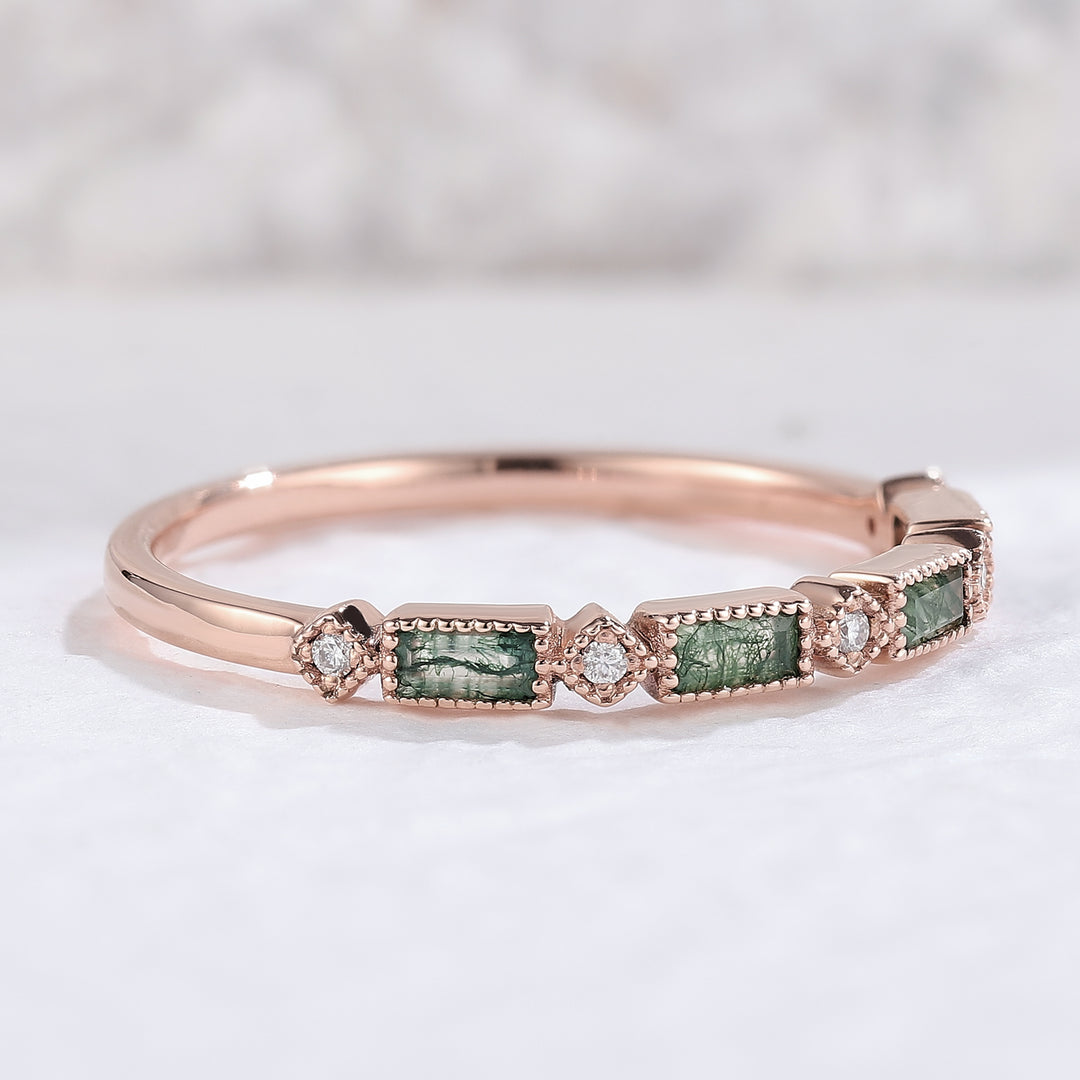 Vintage Baguette Cut Moss Agate Milgrain Pave Band Bridal Ring
