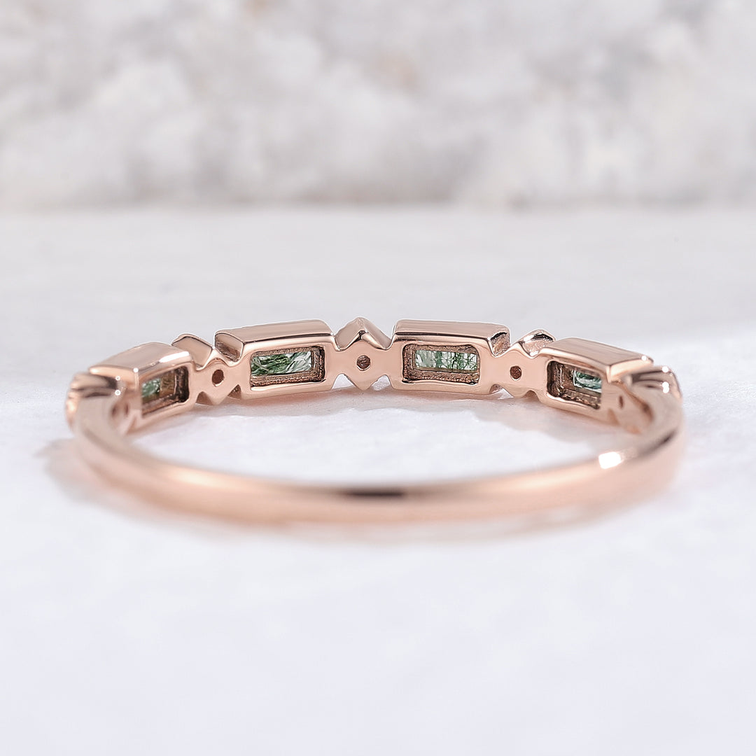 Vintage Baguette Cut Moss Agate Milgrain Pave Band Bridal Ring