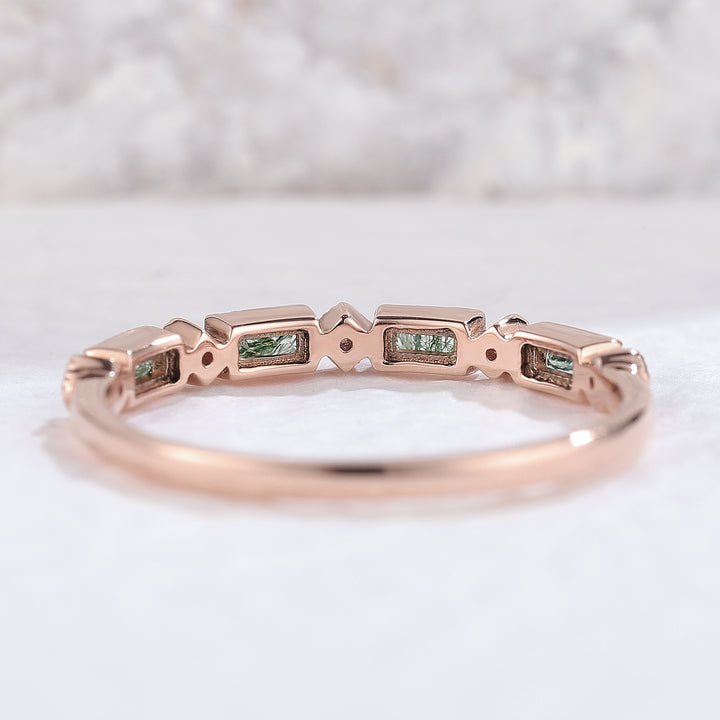 Vintage Baguette Cut Moss Agate Milgrain Pave Band Bridal Ring