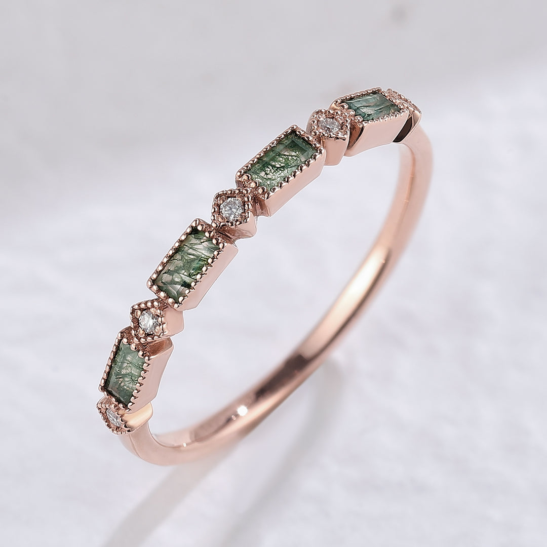 Vintage Baguette Cut Moss Agate Milgrain Pave Band Bridal Ring