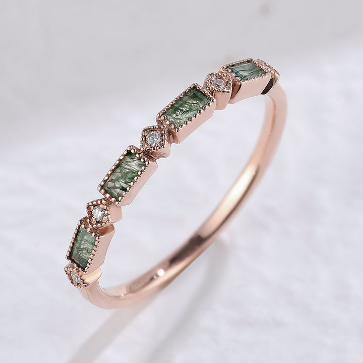 Vintage Baguette Cut Moss Agate Milgrain Pave Band Bridal Ring