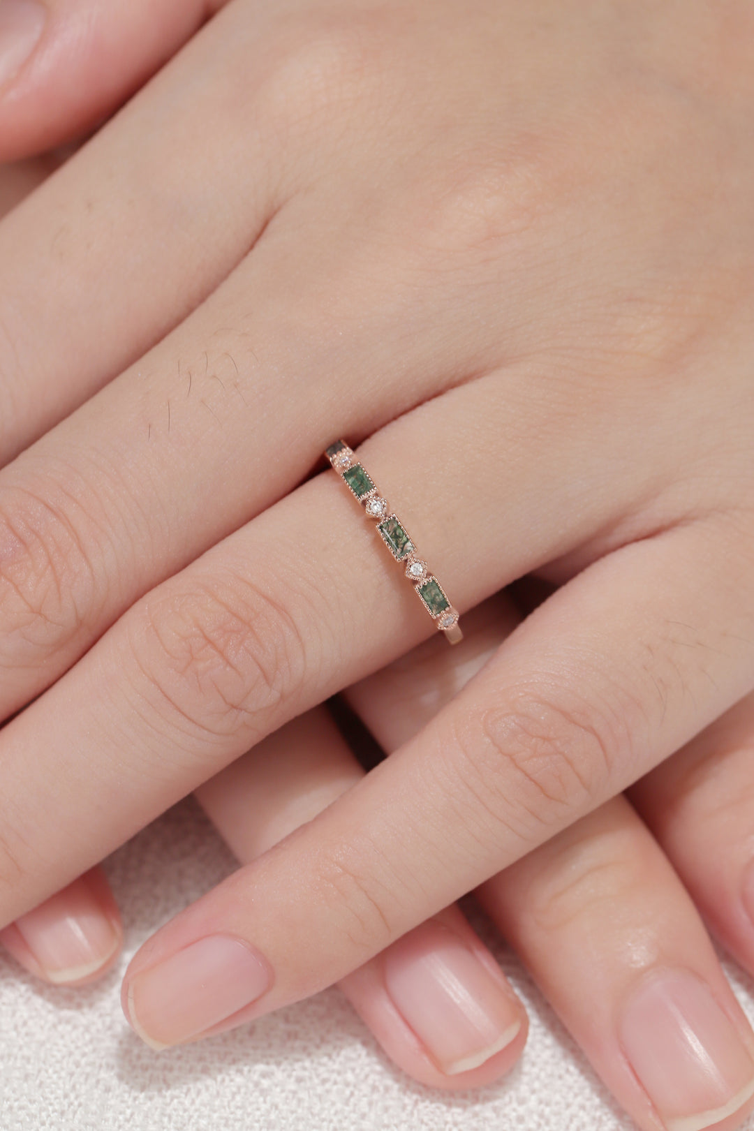 Vintage Baguette Cut Moss Agate Milgrain Pave Band Bridal Ring