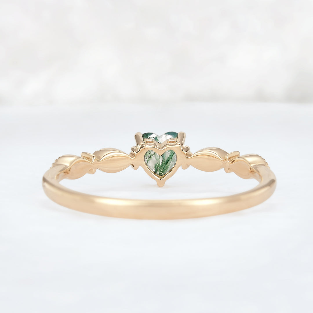 Vintage Heart Shaped Cut Moss Agate and Moissanite Engagement Ring - Iver Jewelry