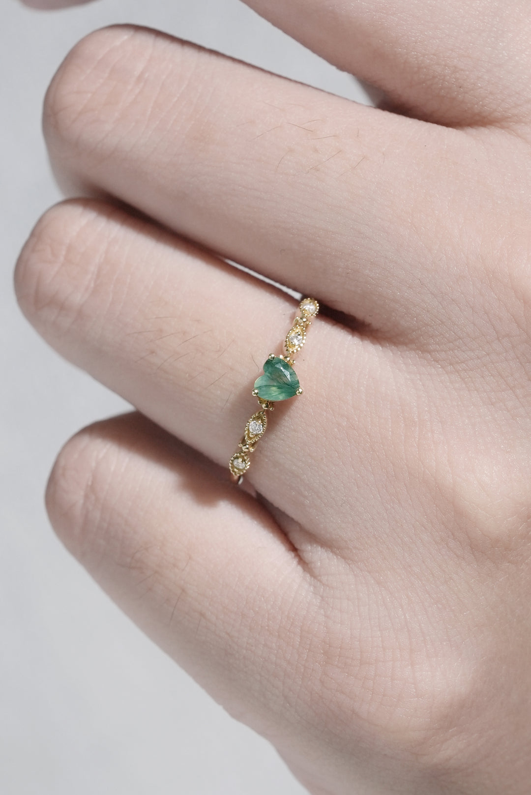 Vintage Heart Shaped Cut Moss Agate and Moissanite Engagement Ring - Iver Jewelry