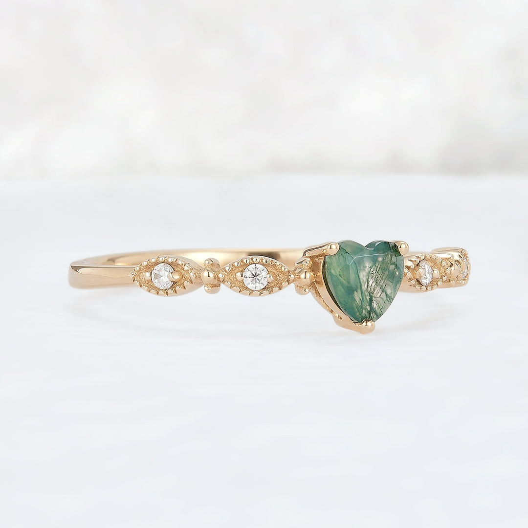Vintage Heart Shaped Cut Moss Agate and Moissanite Engagement Ring - Iver Jewelry