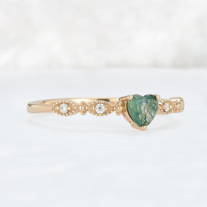 Vintage Heart Shaped Cut Moss Agate and Moissanite Engagement Ring - Iver Jewelry