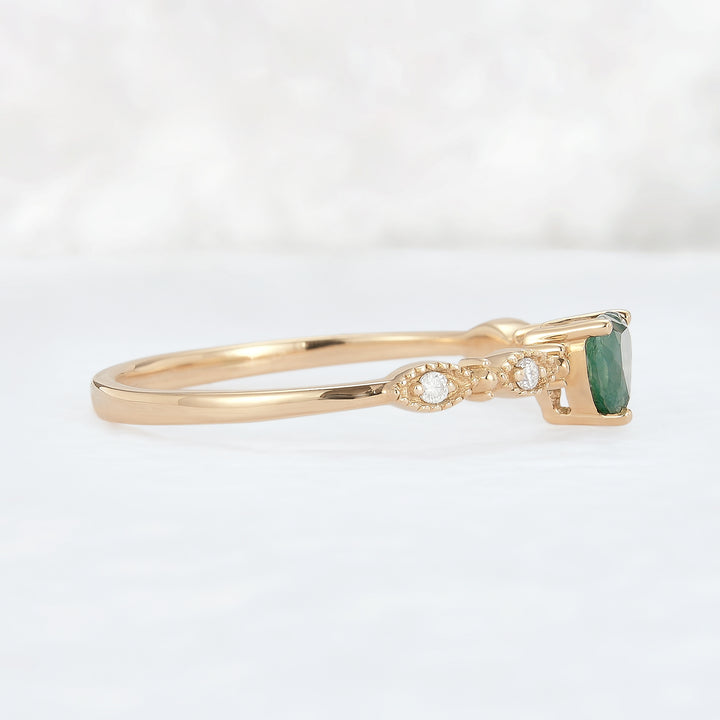 Vintage Heart Shaped Cut Moss Agate and Moissanite Engagement Ring - Iver Jewelry