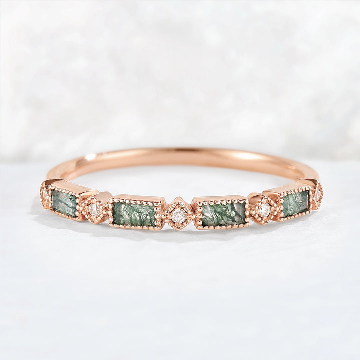 Vintage Baguette Cut Moss Agate Milgrain Pave Band Stacking Ring
