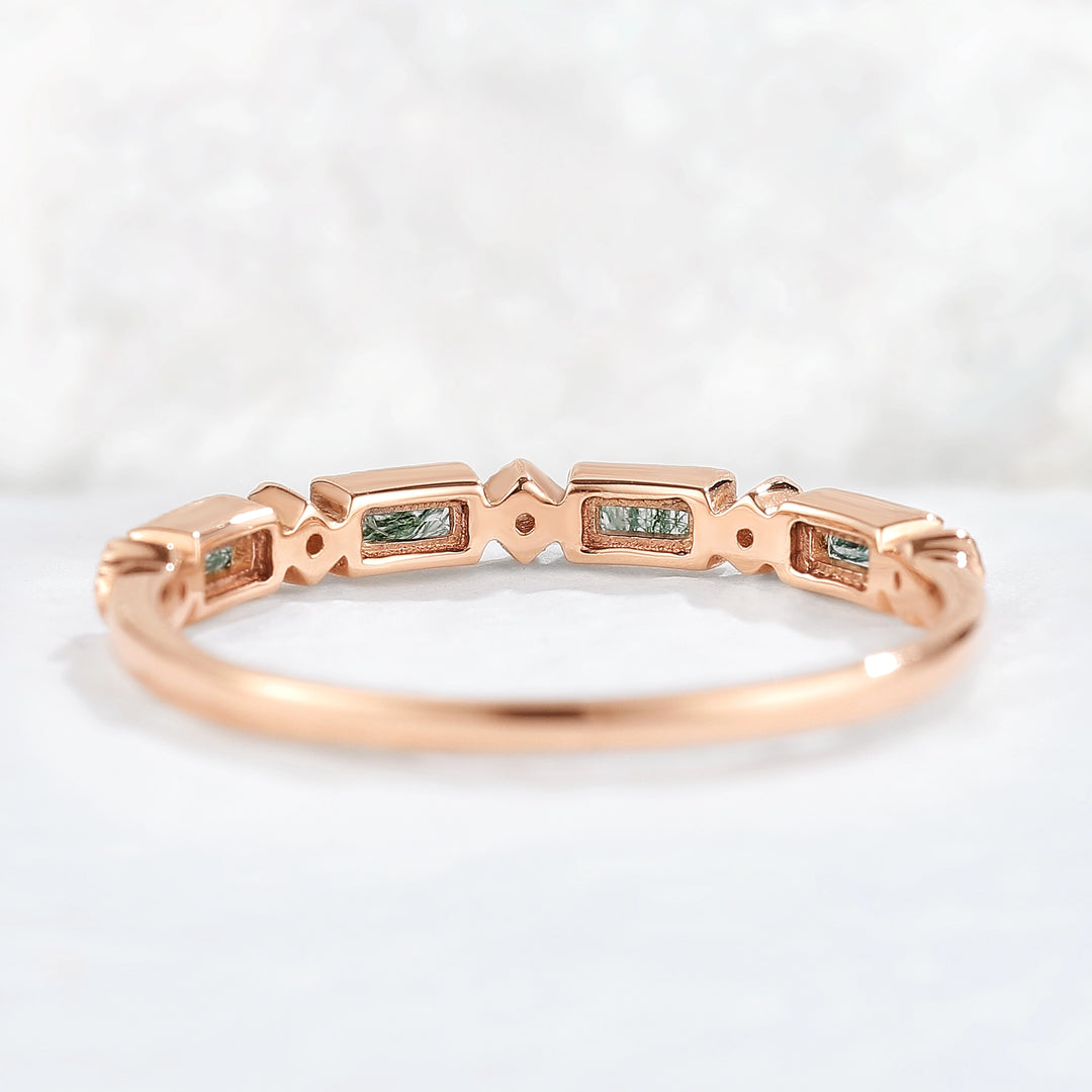 Vintage Baguette Cut Moss Agate Milgrain Pave Band Stacking Ring