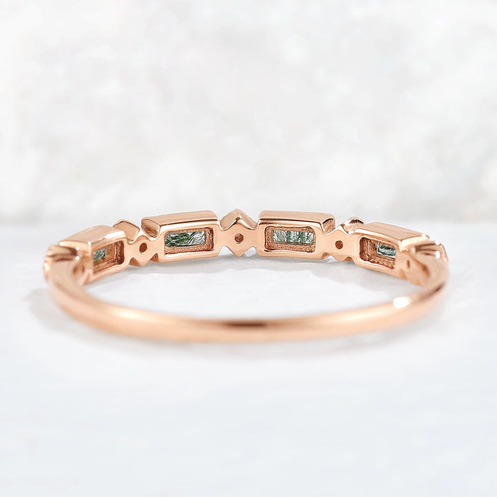 Vintage Baguette Cut Moss Agate Milgrain Pave Band Stacking Ring