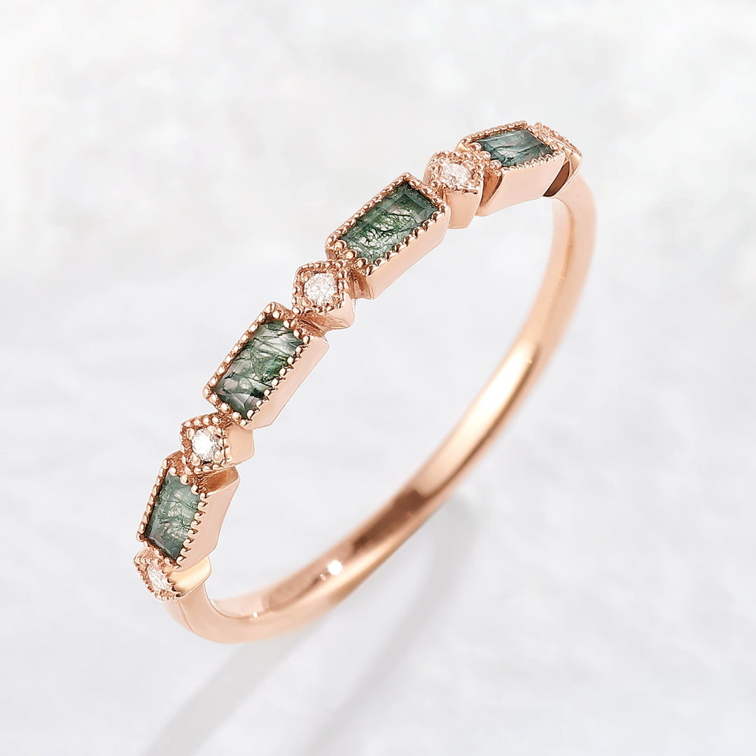 Vintage Baguette Cut Moss Agate Milgrain Pave Band Stacking Ring