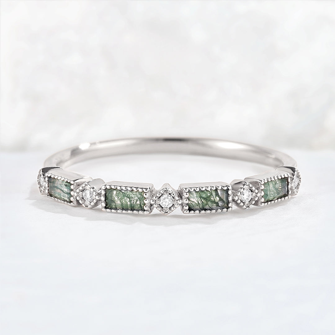 Vintage Baguette Cut Moss Agate Milgrain Pave Band Stacking Ring