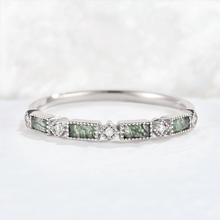Vintage Baguette Cut Moss Agate Milgrain Pave Band Stacking Ring