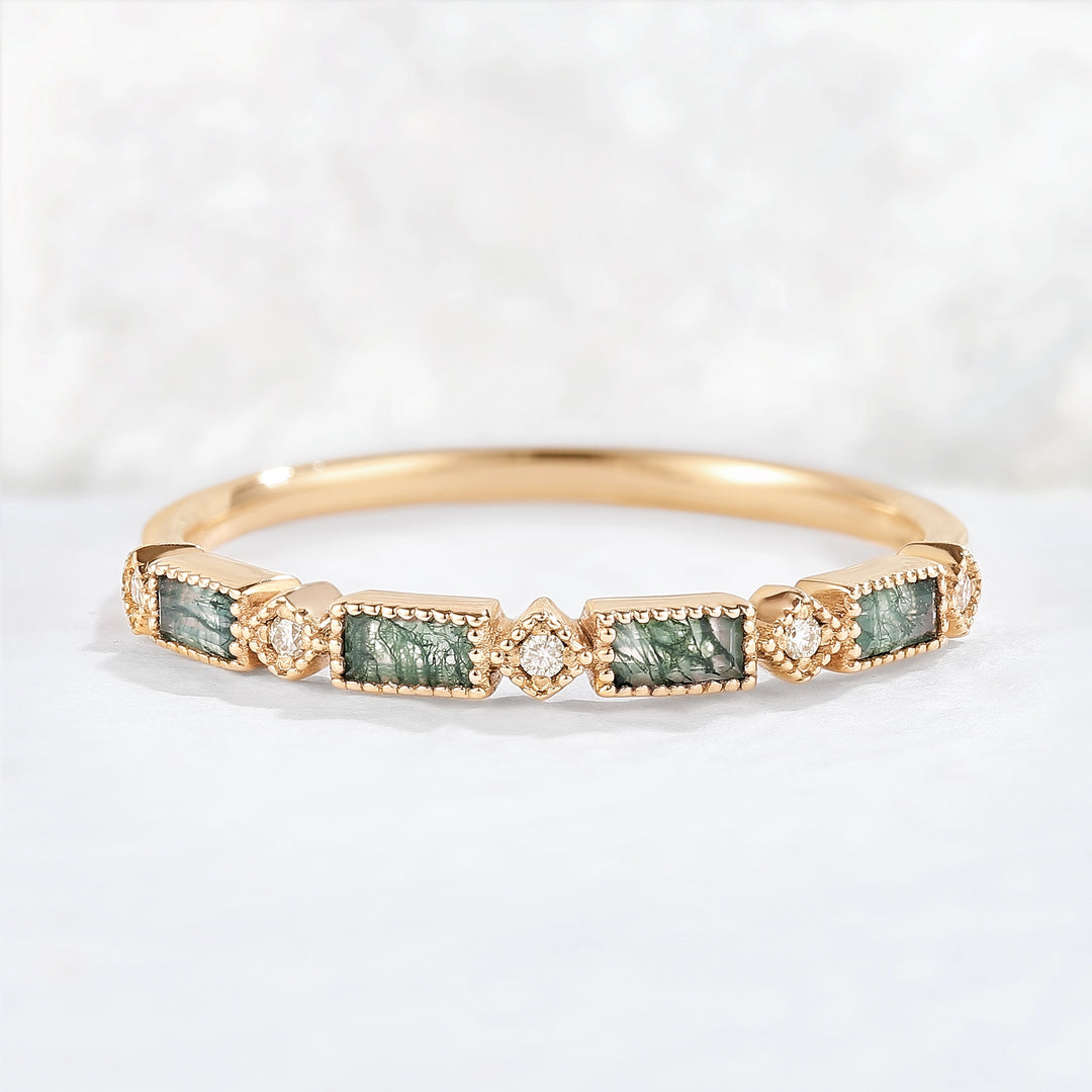 Vintage Baguette Cut Moss Agate Milgrain Pave Band Stacking Ring