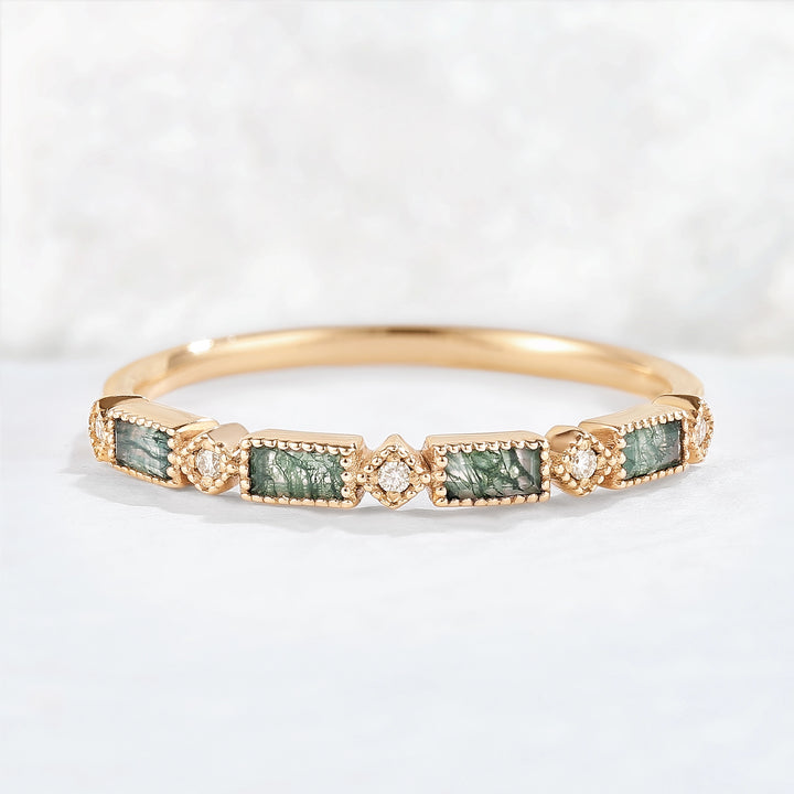 Vintage Baguette Cut Moss Agate Milgrain Pave Band Stacking Ring