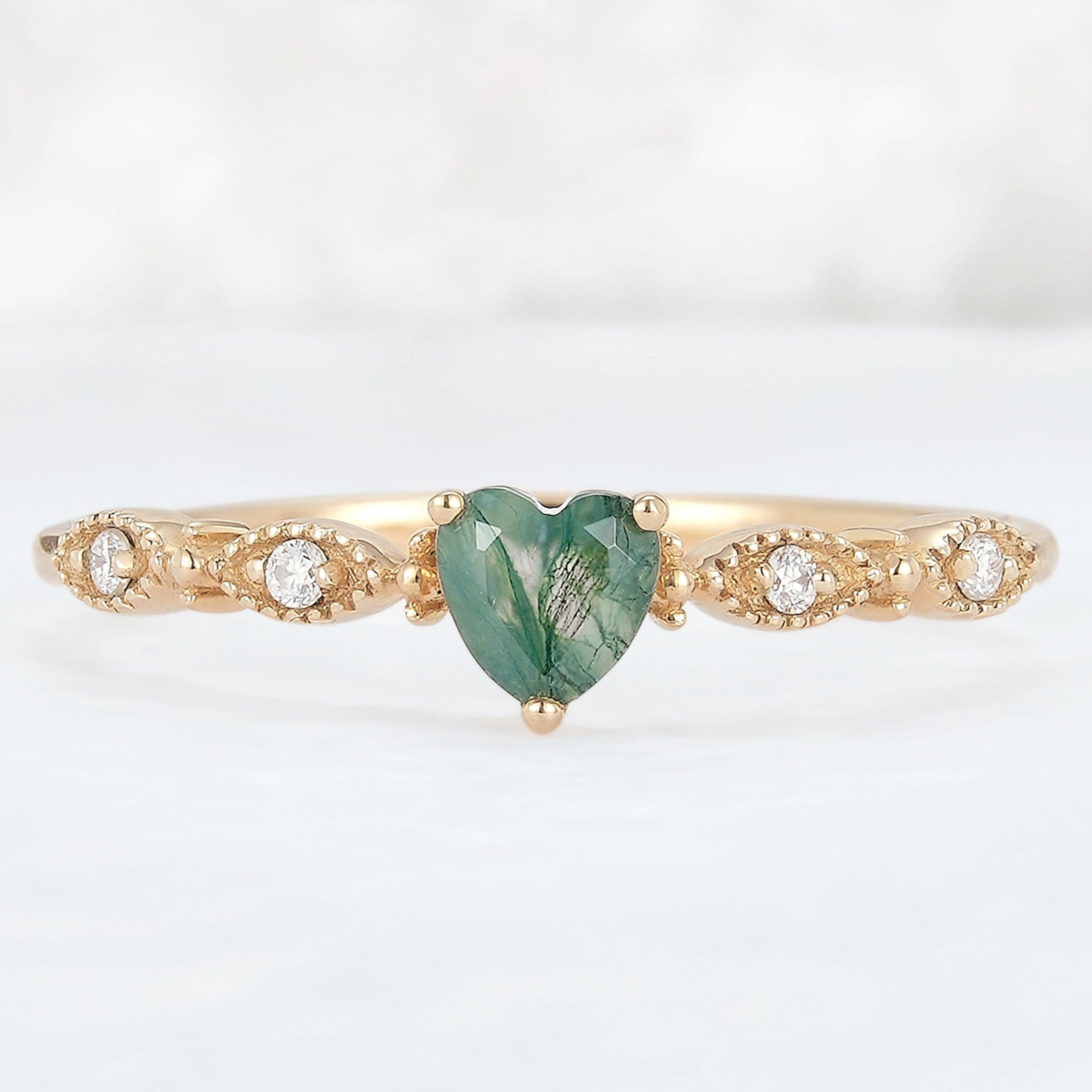 Vintage Heart Shaped Cut Moss Agate and Moissanite Engagement Ring