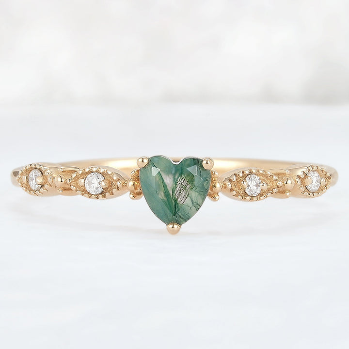 Vintage Heart Shaped Cut Moss Agate and Moissanite Engagement Ring