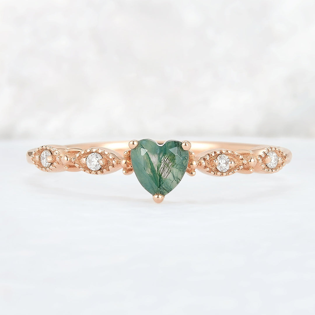 Vintage Heart Shaped Cut Moss Agate and Moissanite Gemstone Ring