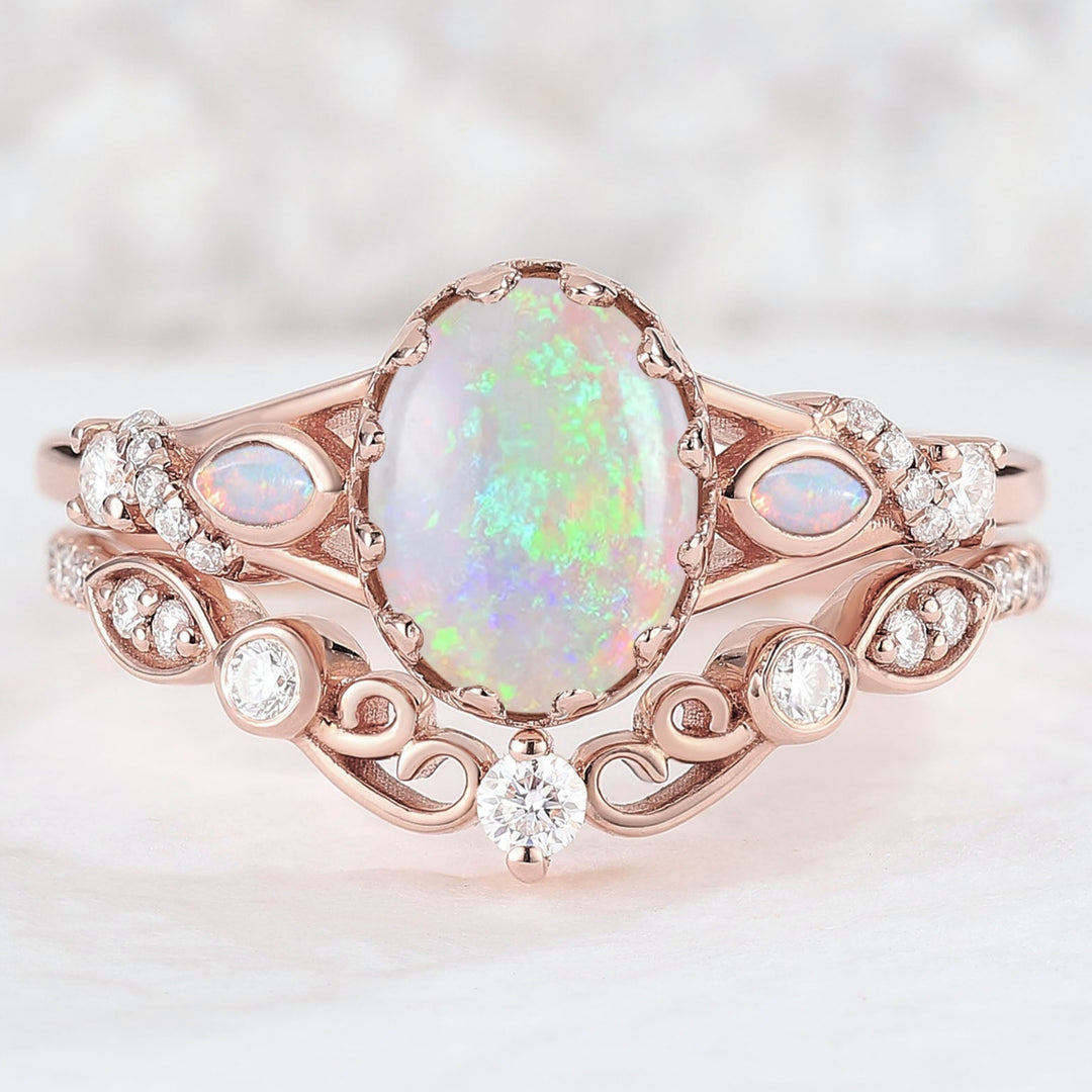 Vintage Oval Cut Opal Vine Engagement Ring Set 2pcs
