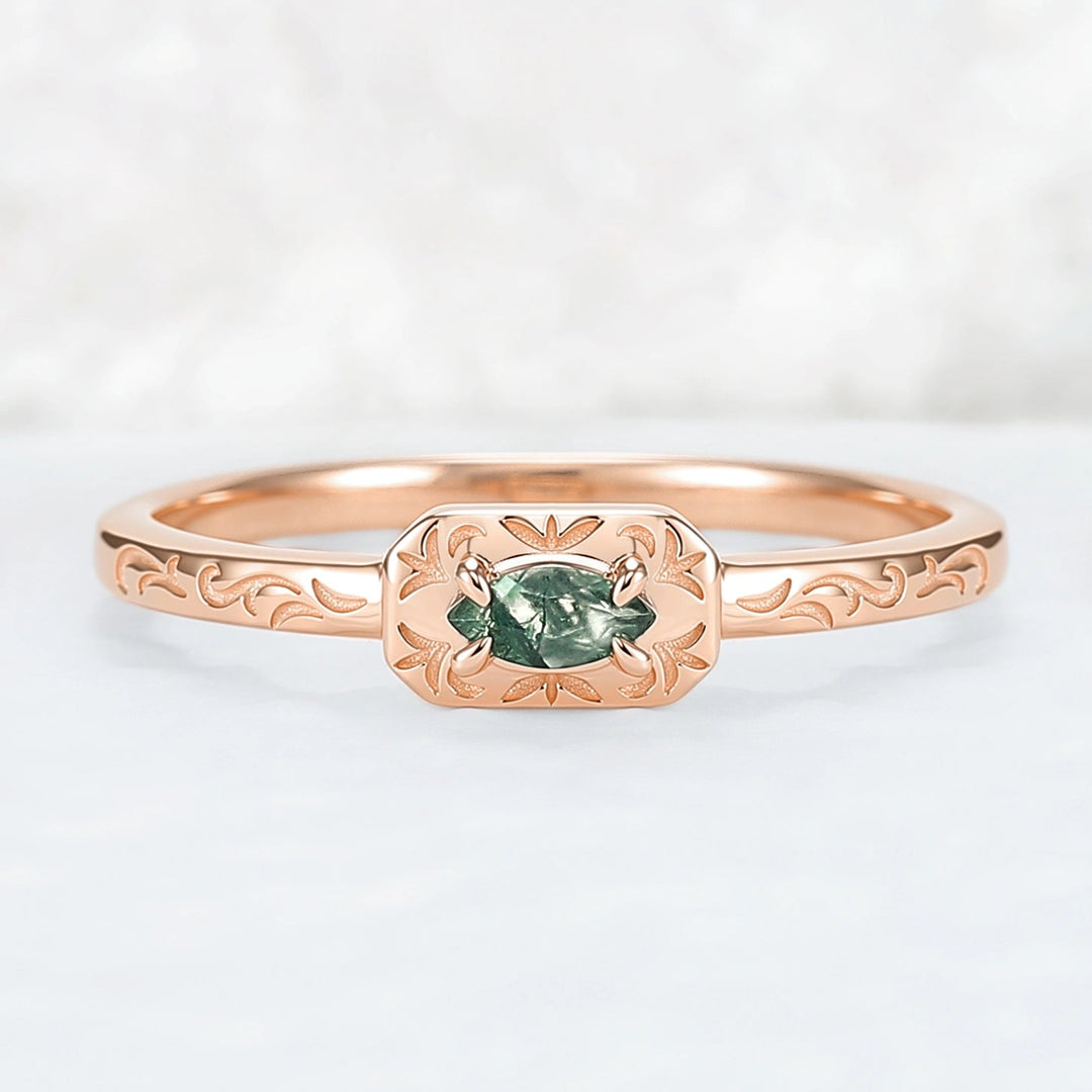 Vintage Marquise Cut Moss Agate Mobius Rose Gold Wedding Band