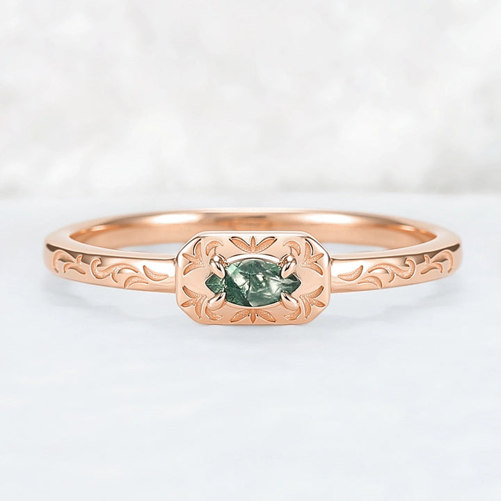 Vintage Marquise Cut Moss Agate Mobius Rose Gold Wedding Band