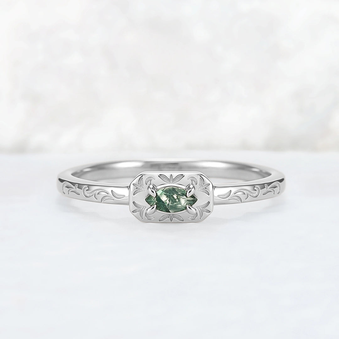 Vintage Marquise Cut Moss Agate Mobius Rose Gold Wedding Band