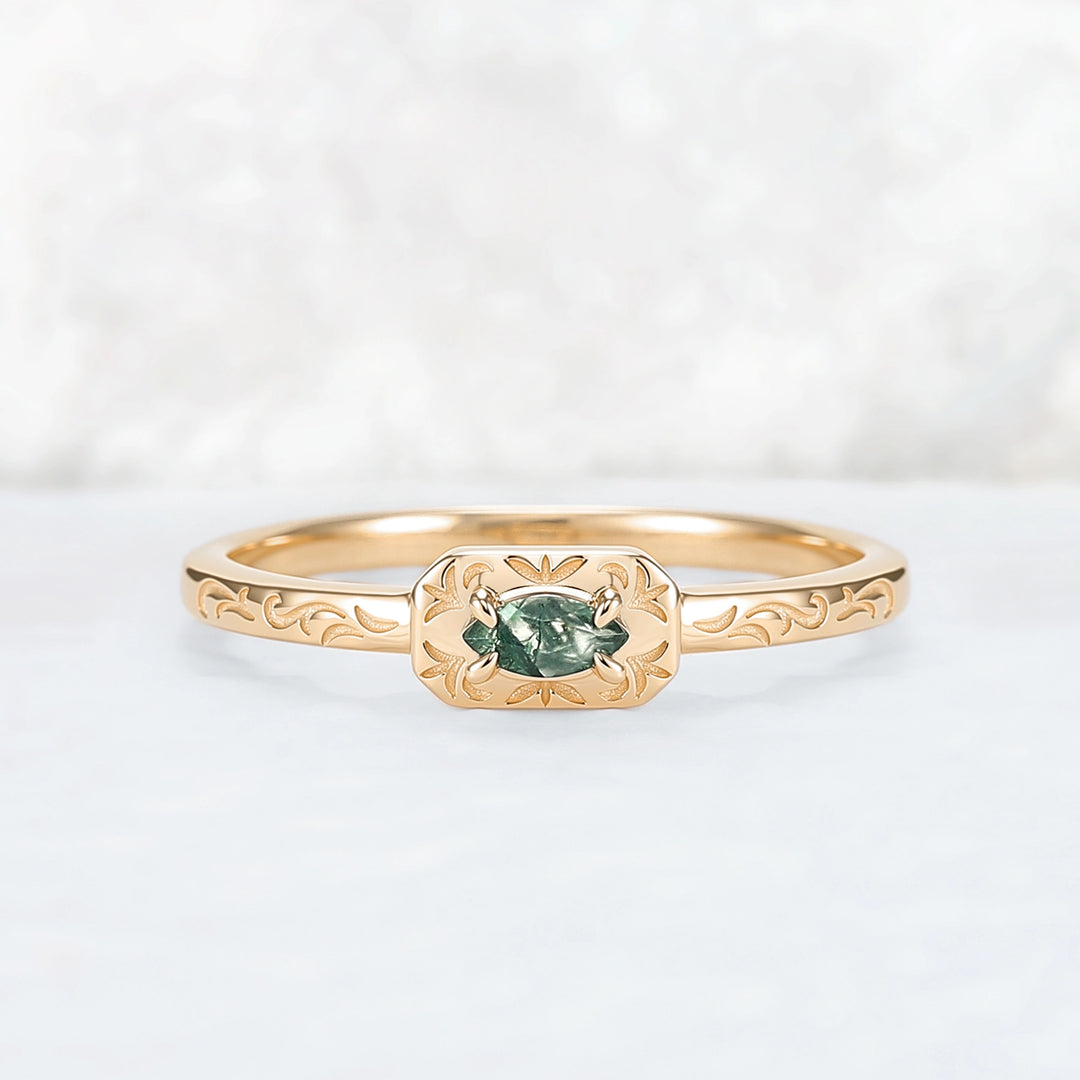Vintage Marquise Cut Moss Agate Mobius Rose Gold Wedding Band
