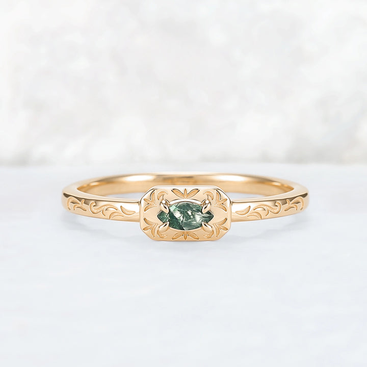 Vintage Marquise Cut Moss Agate Mobius Rose Gold Wedding Band