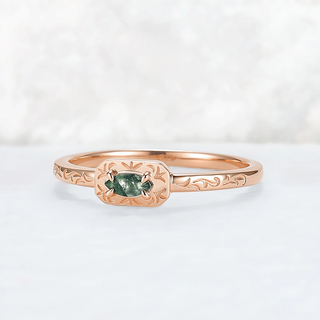 Vintage Marquise Cut Moss Agate Mobius Rose Gold Wedding Band