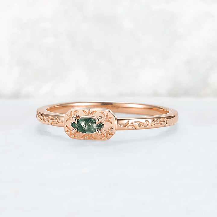 Vintage Marquise Cut Moss Agate Mobius Rose Gold Wedding Band