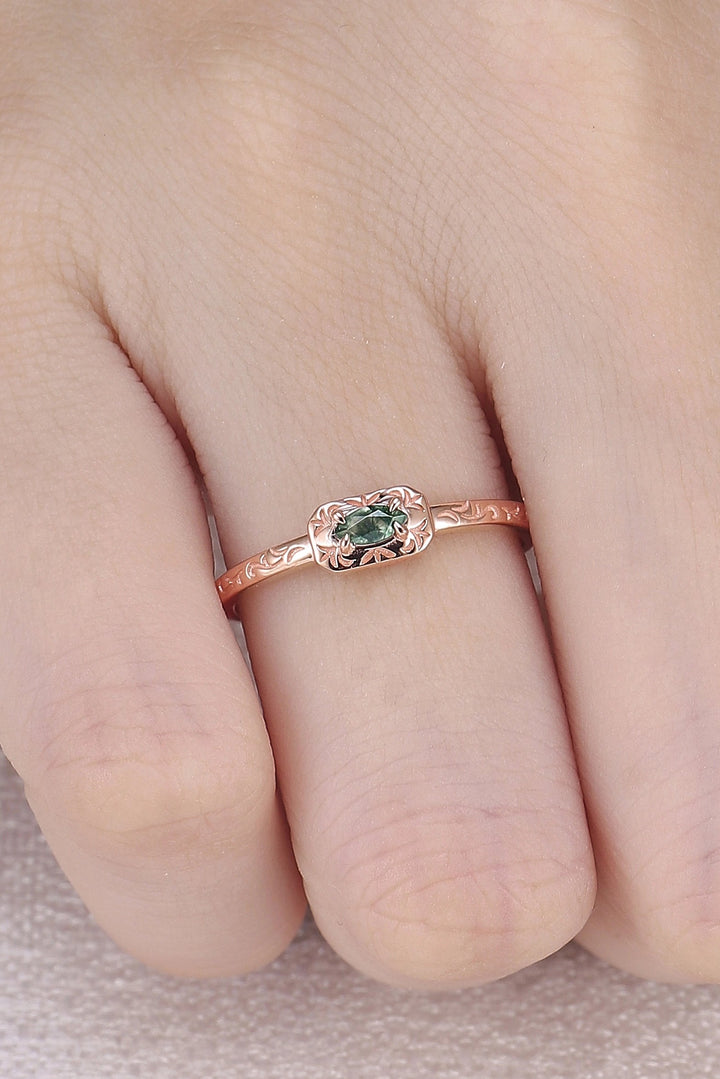 Vintage Marquise Cut Moss Agate Mobius Rose Gold Wedding Band