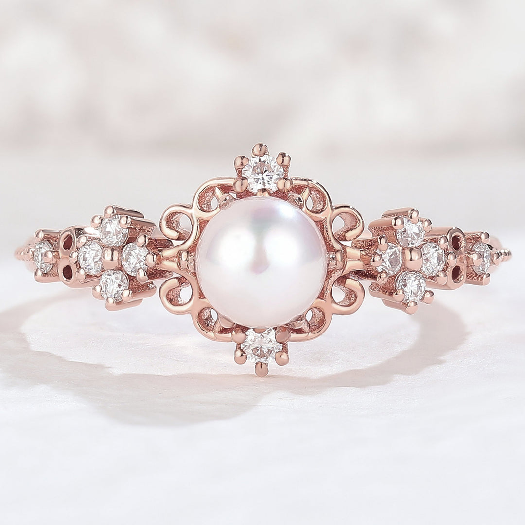  Vintage Pearl and Moissanite Vine and Floral Engagement Ring