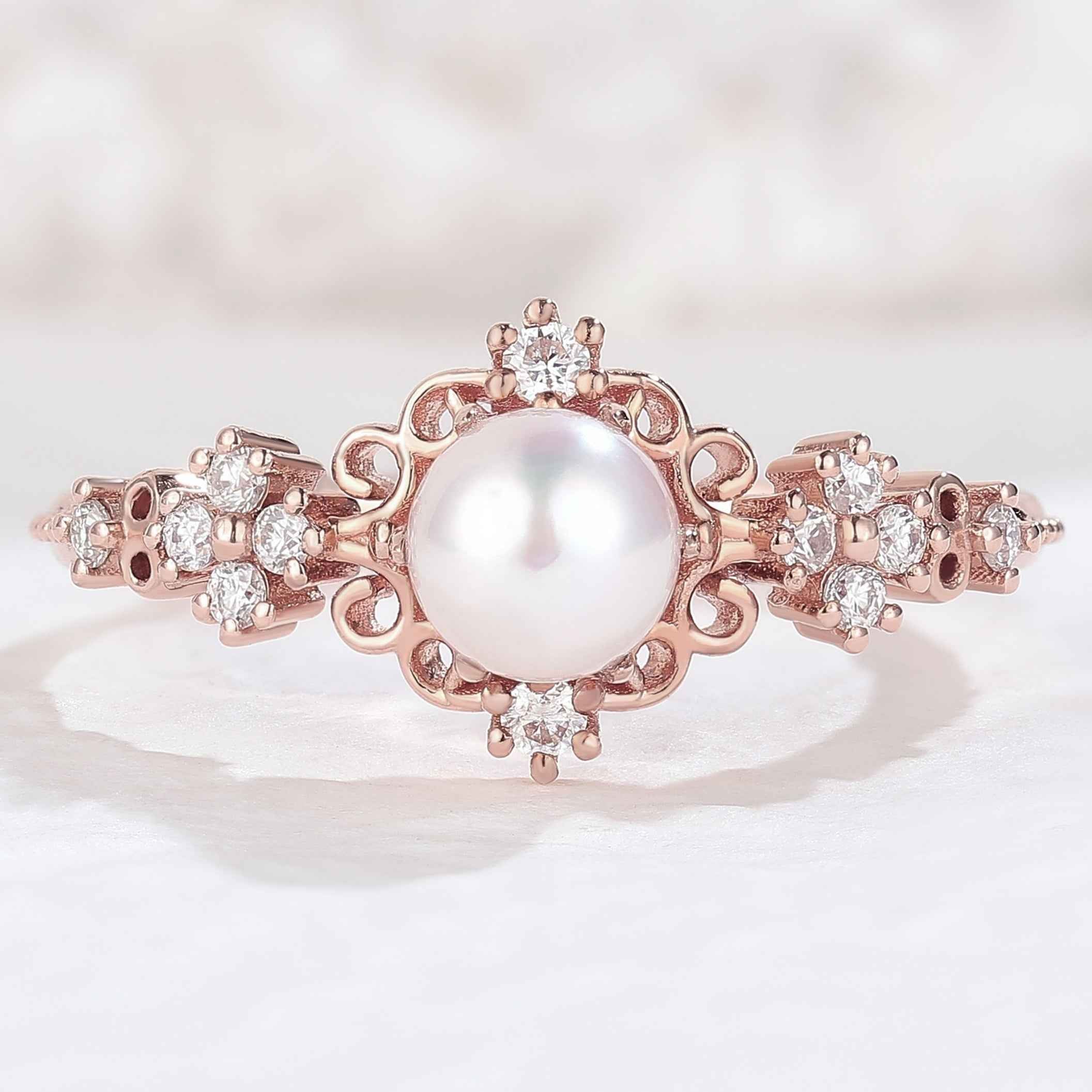 Vintage Pearl and Moissanite Vine and Floral Engagement Ring