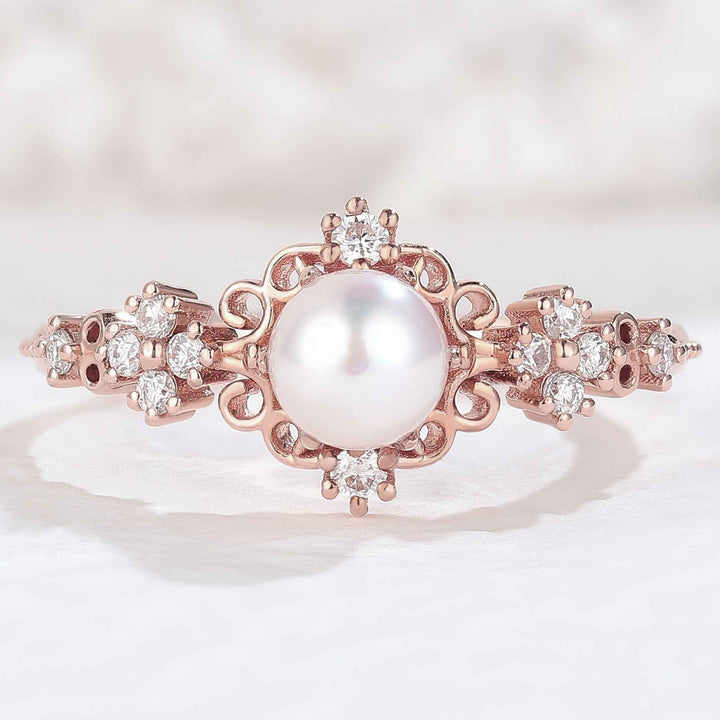 Vintage Pearl and Moissanite Vine and Floral Engagement Ring