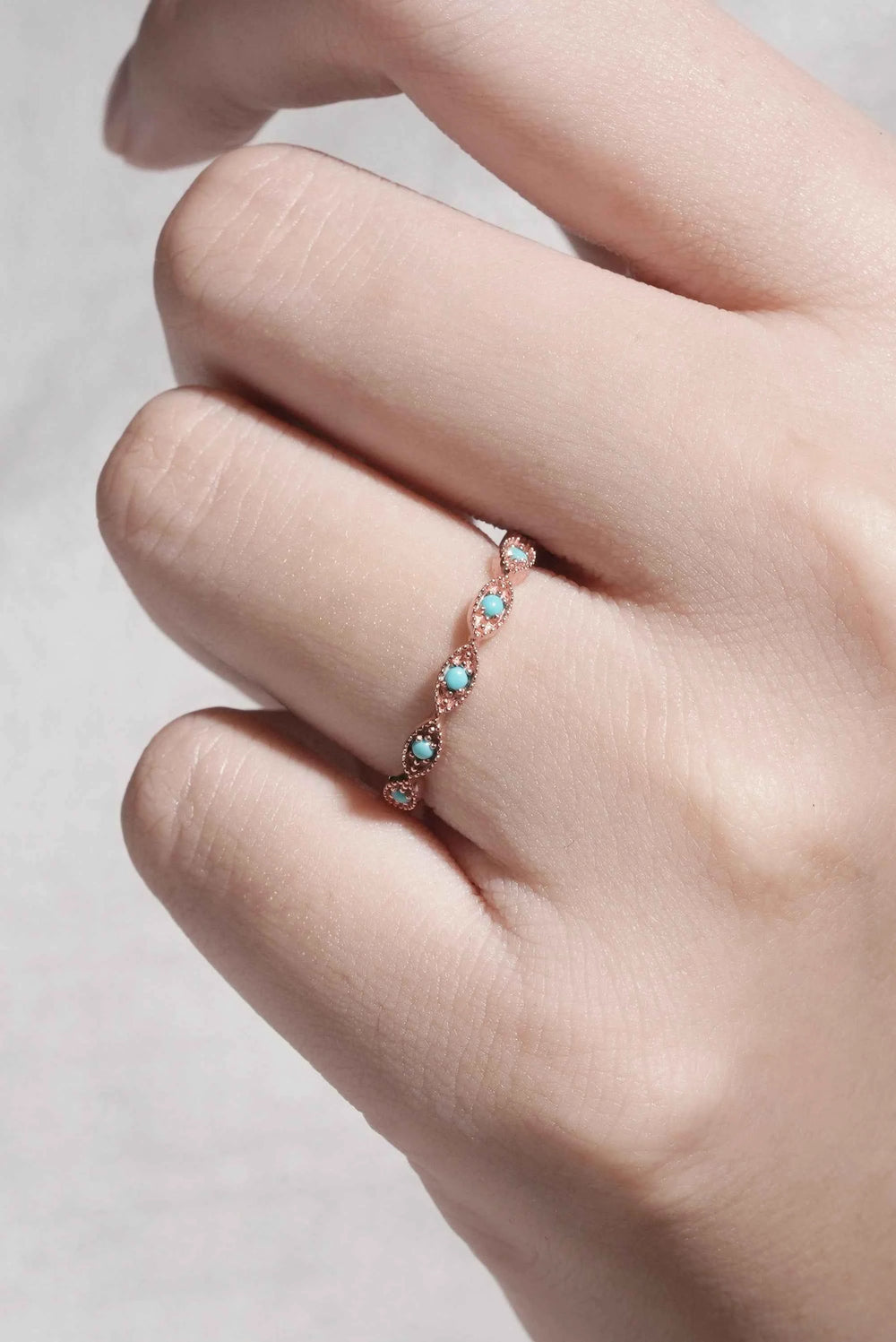 Vintage Round Cut Turquoise Milgrain Pave Band Stacking Ring