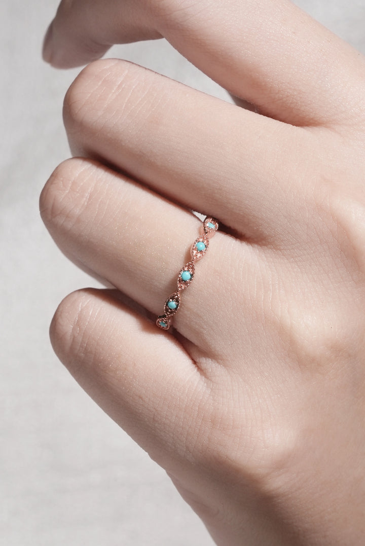Vintage Round Cut Turquoise Milgrain Pave Band Stacking Ring