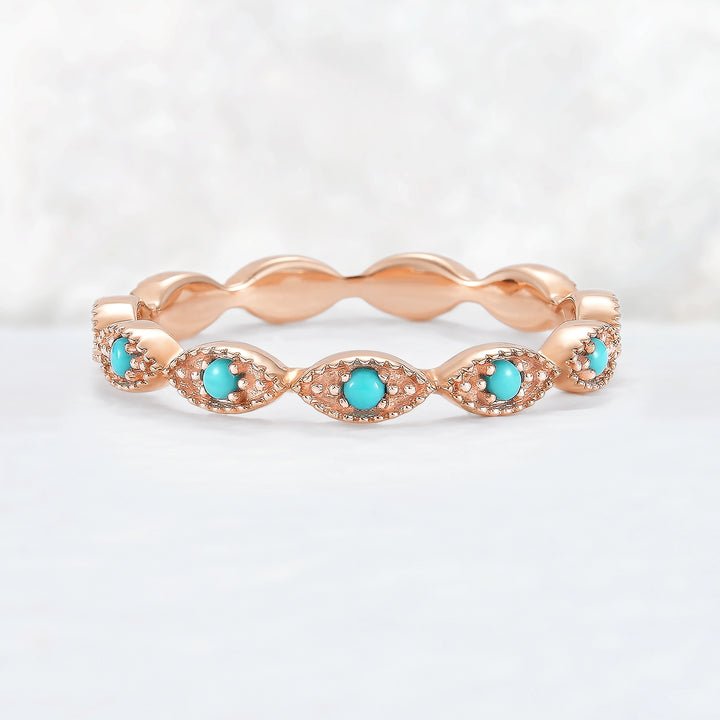 Vintage Round Cut Turquoise Milgrain Pave Band Stacking Ring