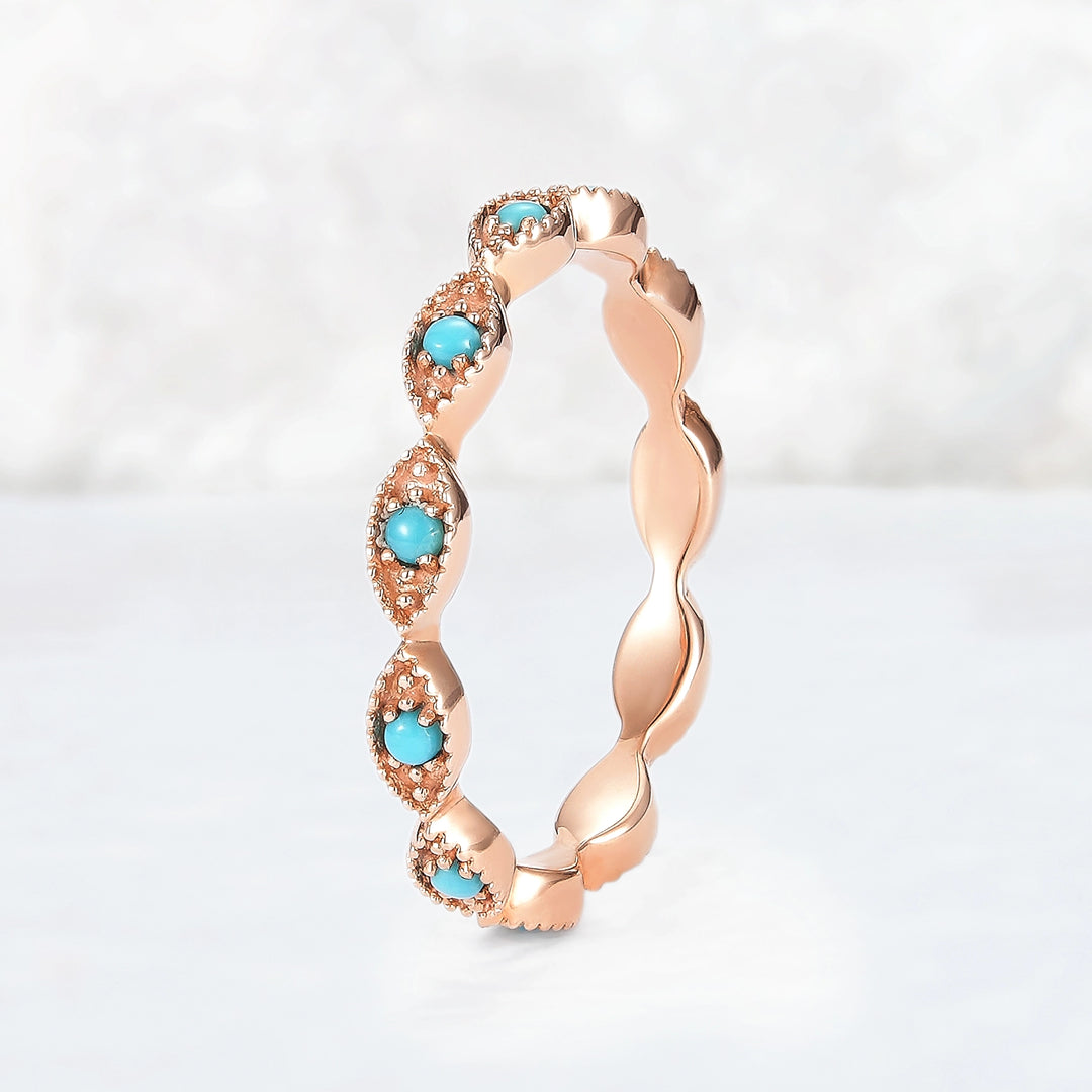 Vintage Round Cut Turquoise Milgrain Pave Band Stacking Ring