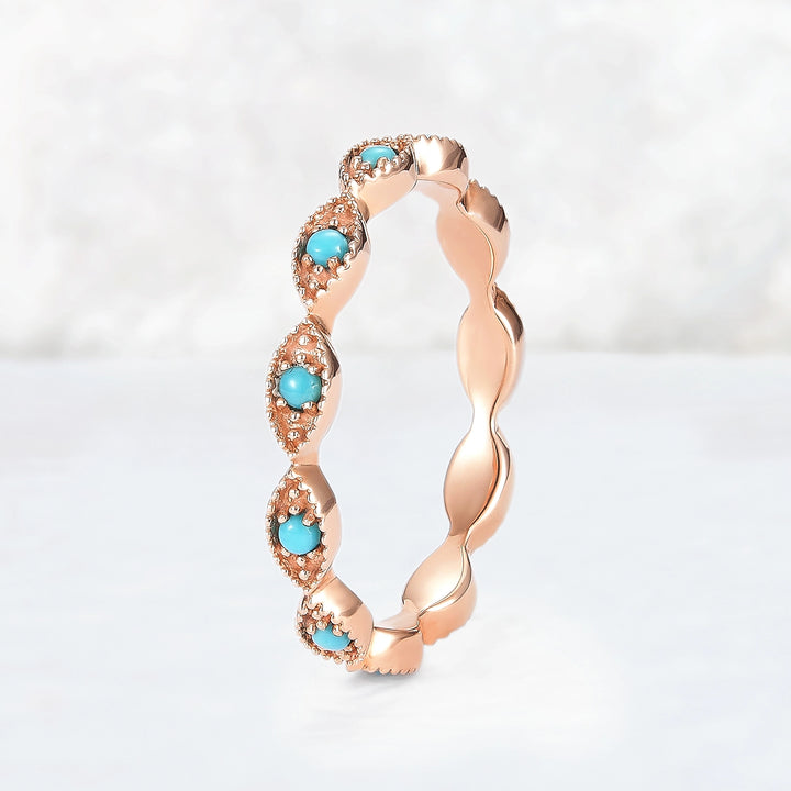 Vintage Round Cut Turquoise Milgrain Pave Band Stacking Ring