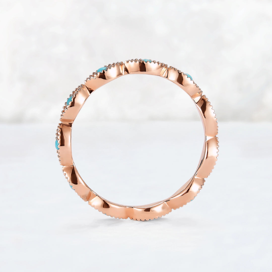 Vintage Round Cut Turquoise Milgrain Pave Band Stacking Ring