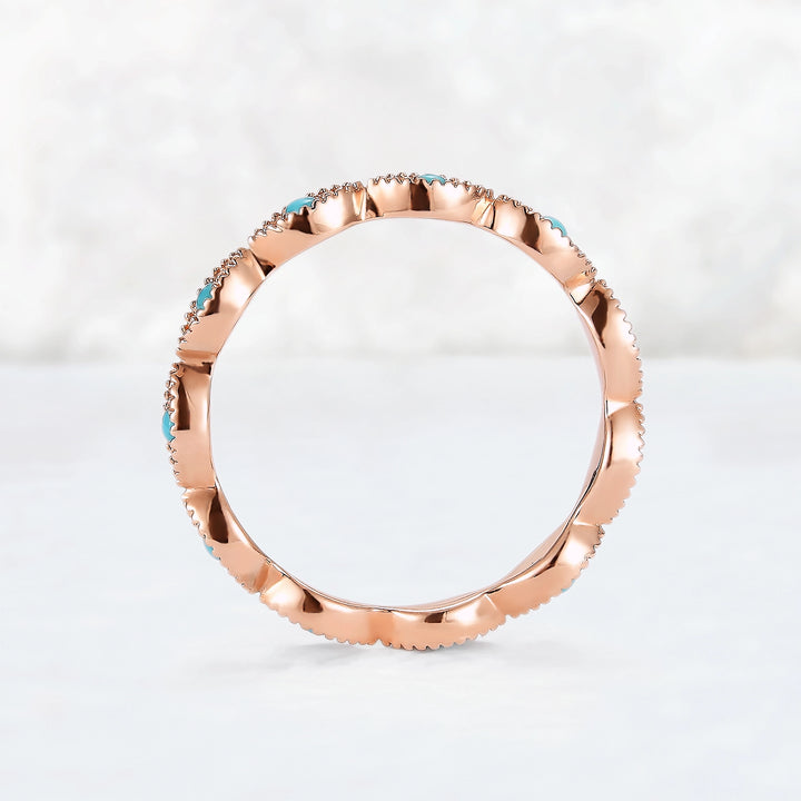 Vintage Round Cut Turquoise Milgrain Pave Band Stacking Ring