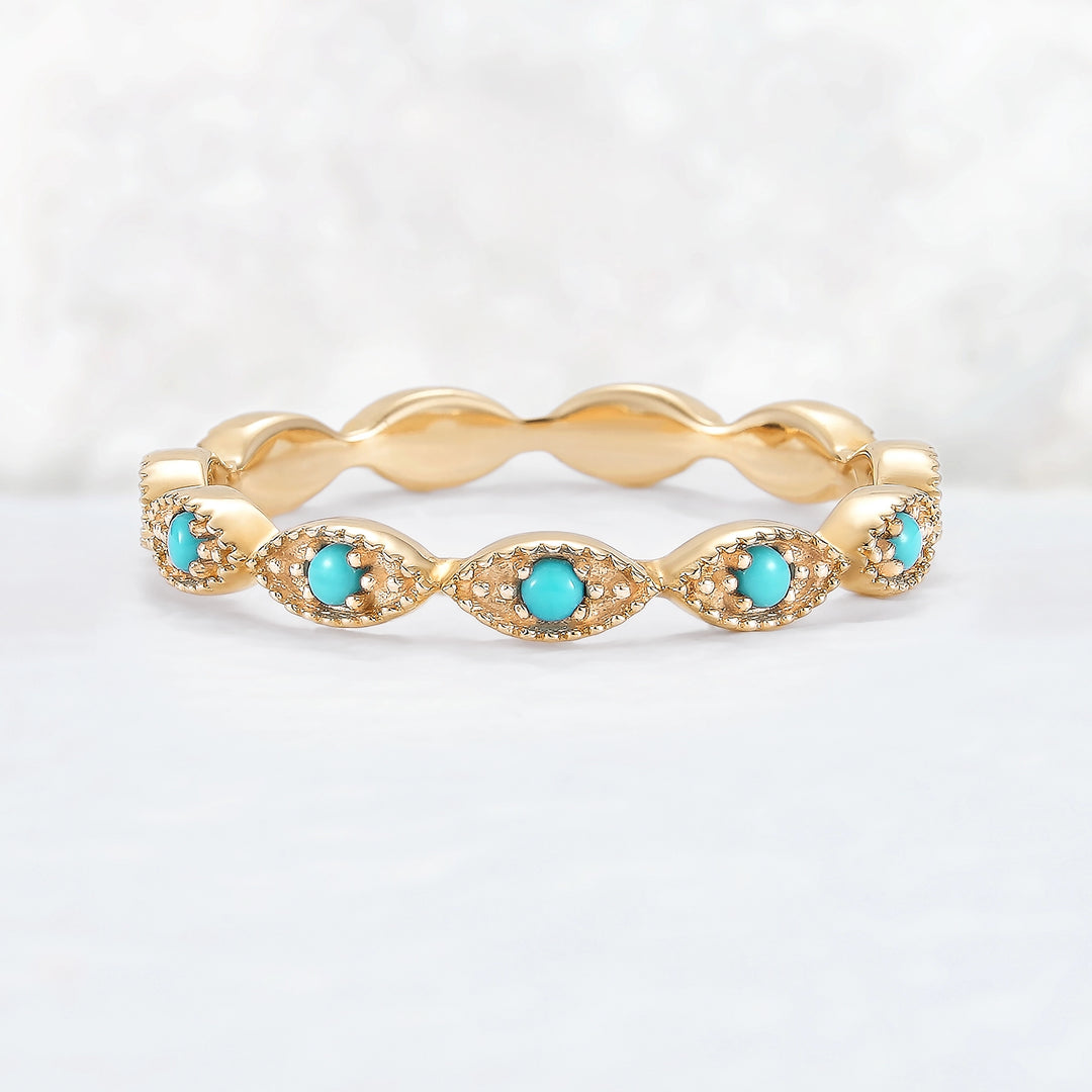 Vintage Round Cut Turquoise Milgrain Pave Band Stacking Ring