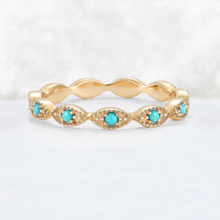 Vintage Round Cut Turquoise Milgrain Pave Band Stacking Ring