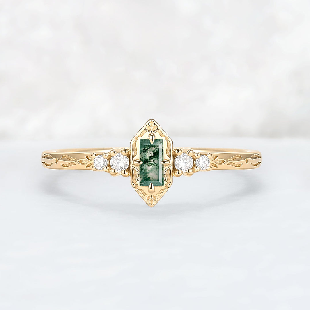 Vintige Baguette Cut Moss Agate Straight Wedding Ring