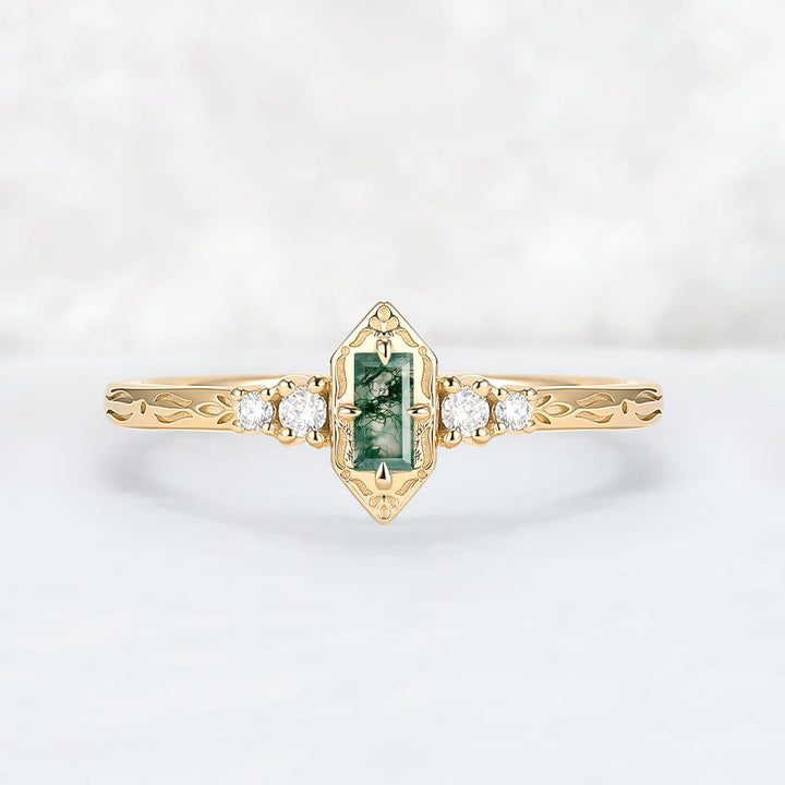 Vintige Baguette Cut Moss Agate Straight Wedding Ring