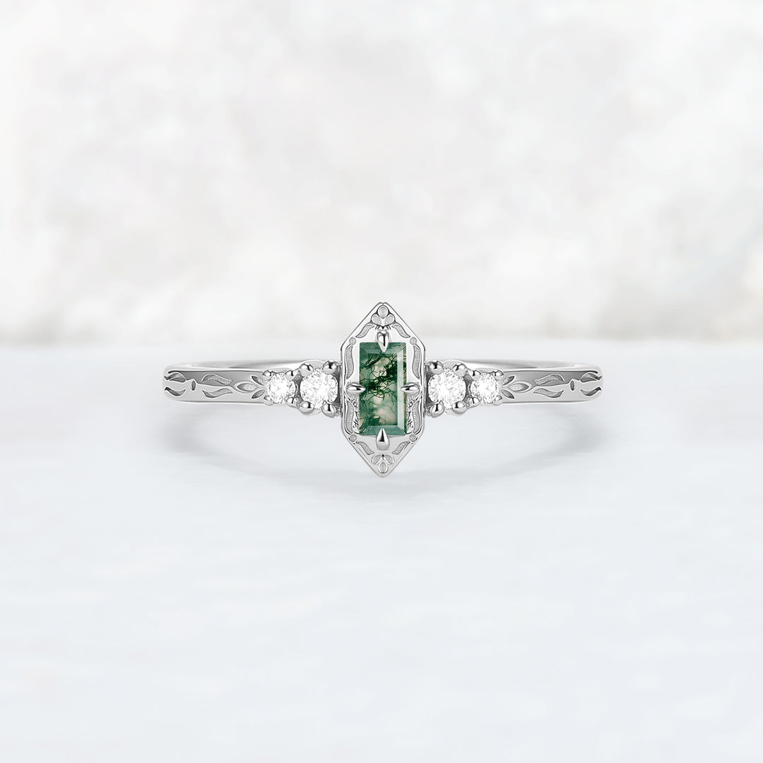 Vintige Baguette Cut Moss Agate Straight Wedding Ring